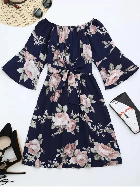 TastyHottie - Trendy Off The Shoulder Floral Print Belted Dress