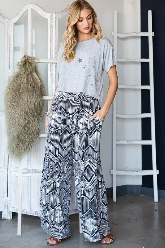 TEEK - BLACK WHITE VINTAGE PRINT POCKETED WIDE PANTS