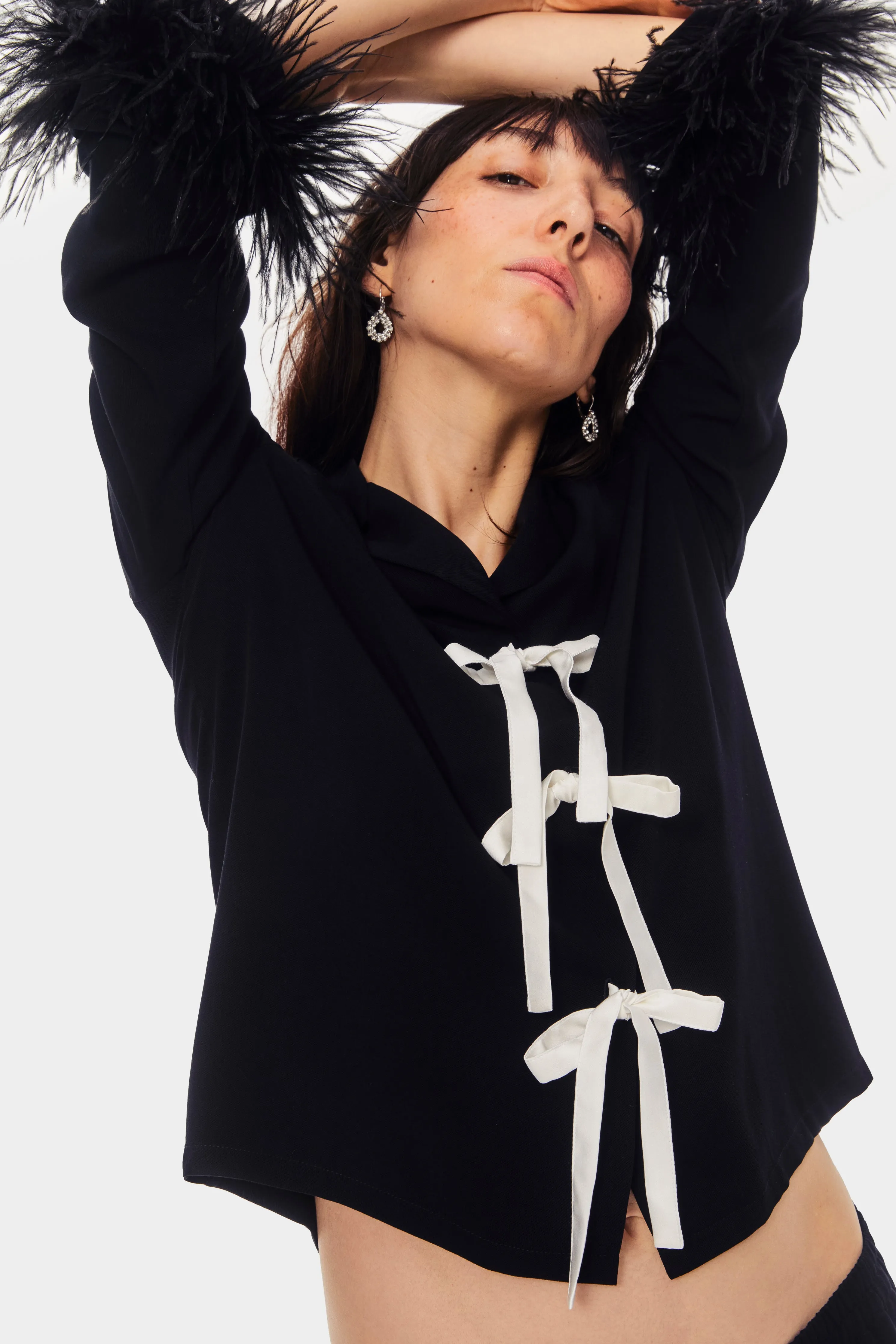 The Bow Pajama Set with Detachable Feathers in Black