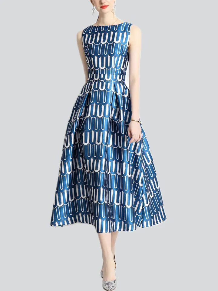 Trendy Blue & White Letters U Print Dress for Ladies