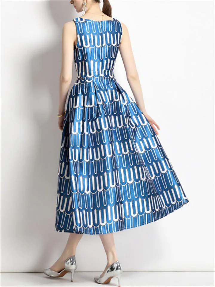 Trendy Blue & White Letters U Print Dress for Ladies