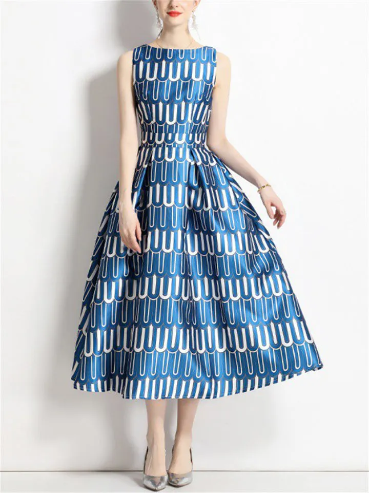 Trendy Blue & White Letters U Print Dress for Ladies