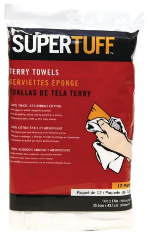 Trimaco SuperTuff 10750 Terry Towel, 17 in L, 14 in W, Cotton, White :PK12: QUANTITY: 1