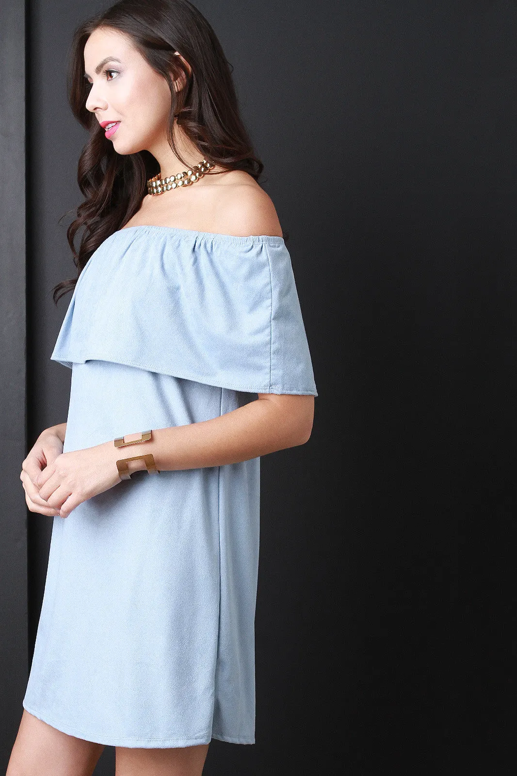 Vegan Suede Off-The-Shoulder Ruffle Shift Dress