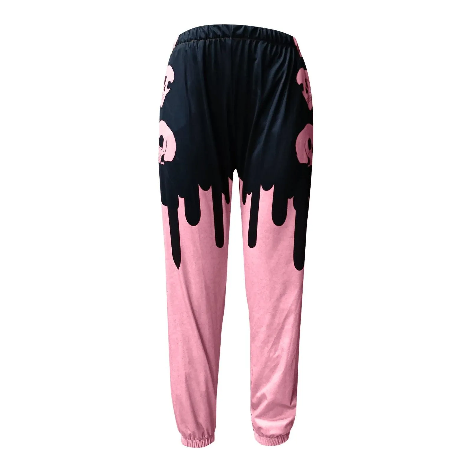 Vintage Gothic Skull Print Wide Pants, Impressive Pink Black Sportwear For Women