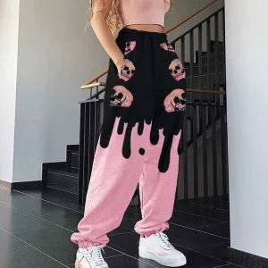 Vintage Gothic Skull Print Wide Pants, Impressive Pink Black Sportwear For Women