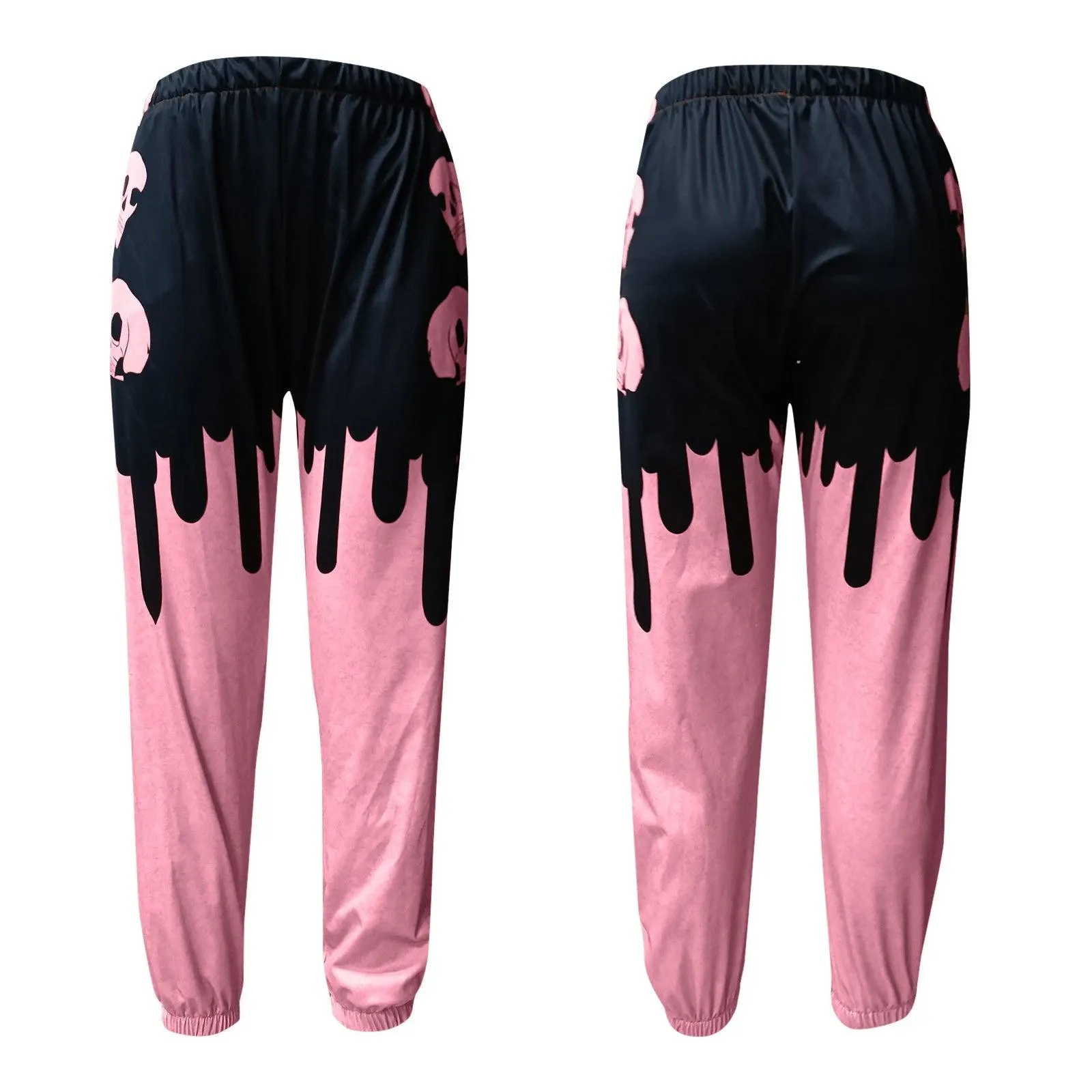 Vintage Gothic Skull Print Wide Pants, Impressive Pink Black Sportwear For Women