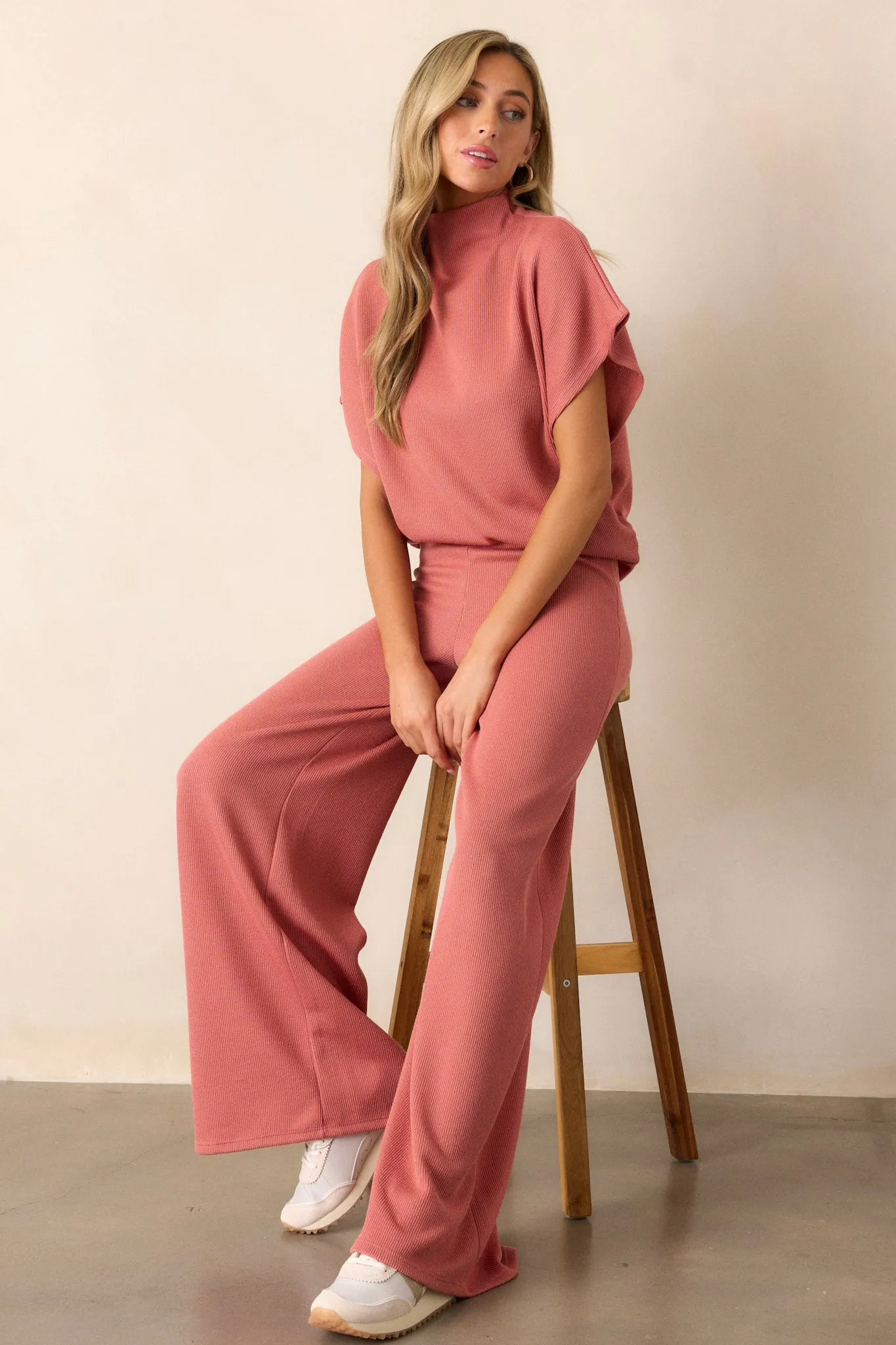 Waterfall Mist Pink Coral Knit Wide Leg Pants