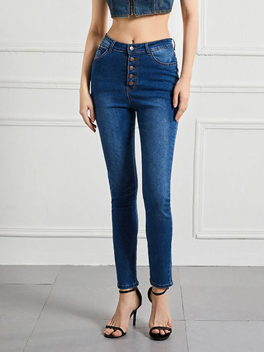 Women's Slim High Waist High Elastic Multi-button Jeans