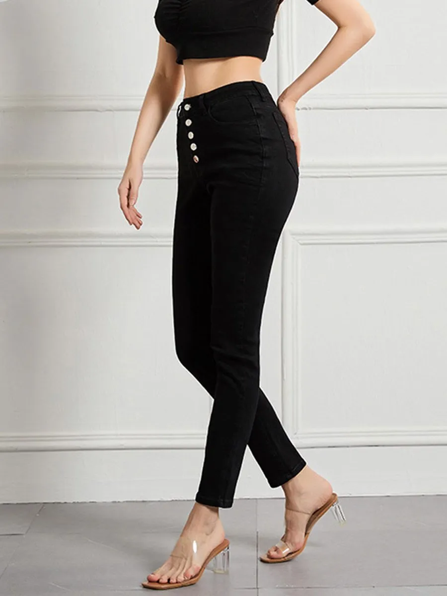 Women's Slim High Waist High Elastic Multi-button Jeans