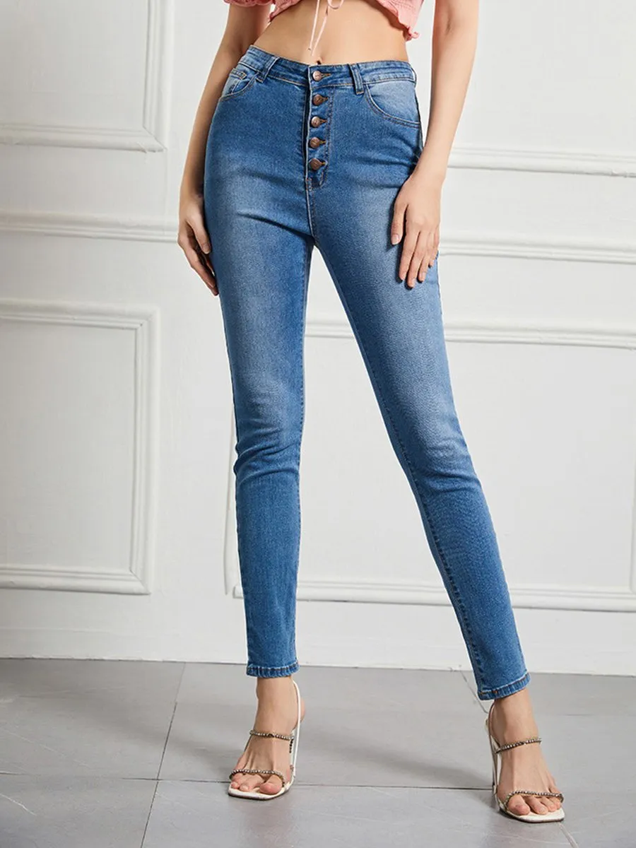 Women's Slim High Waist High Elastic Multi-button Jeans